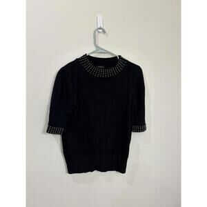 ANN TAYLOR Womens Size Medium Short Sleeve Black Studded Embellished Sweater